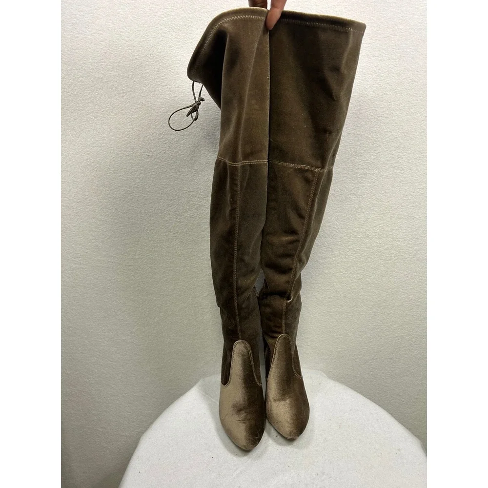Over The Knee Boots Womens 8‎ Olive Brown Velvet Block Heel Pointed Toe